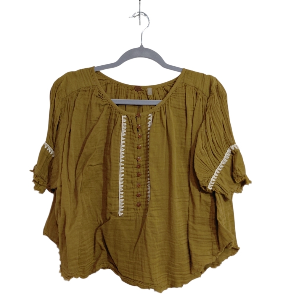 Free People Olive Button-Front Boho Tunic with Contrast Trim